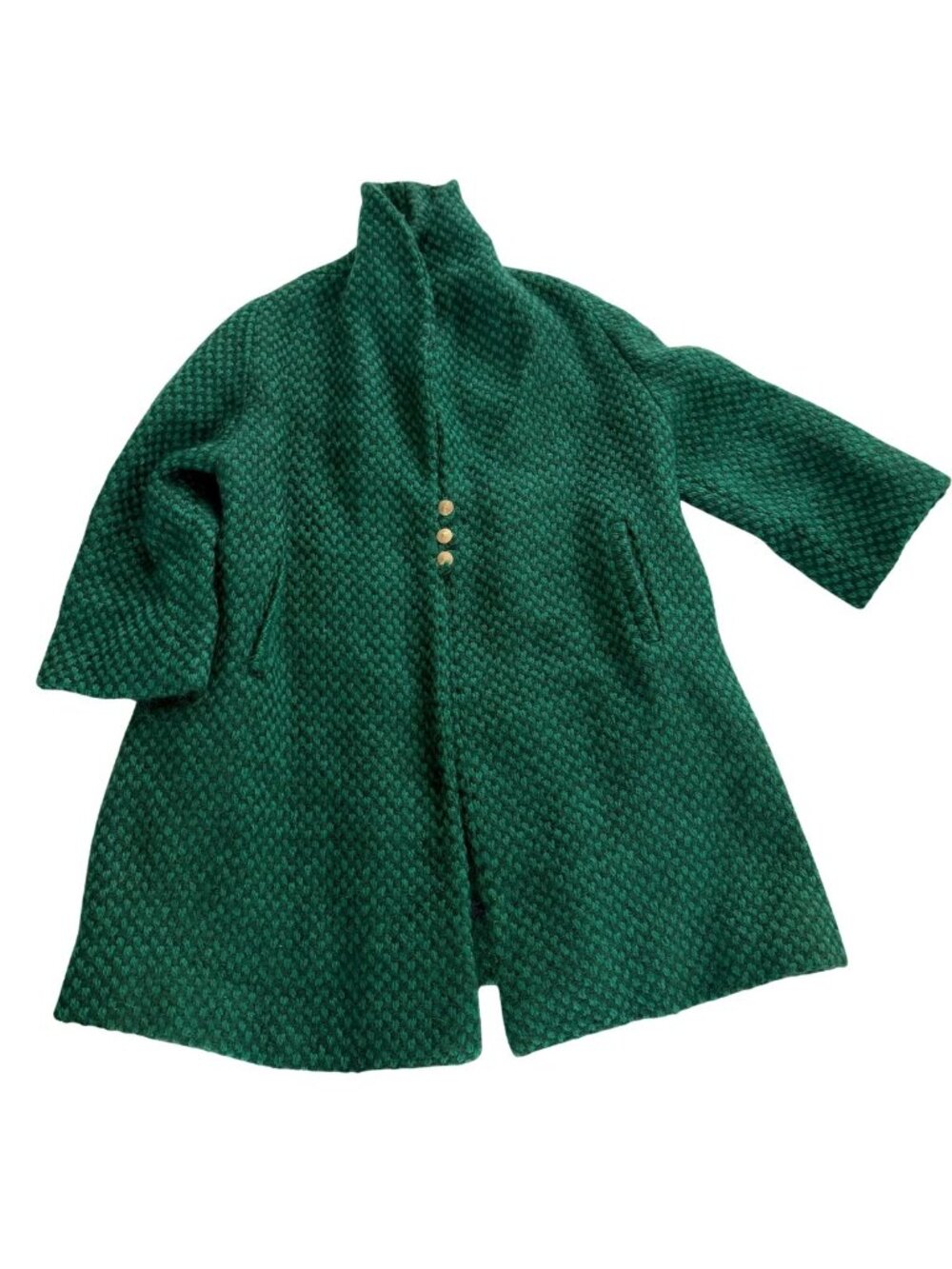 Vintage Handmade Emerald Green Bouclé Knit Swing Coat Jacket - Funnel Neck